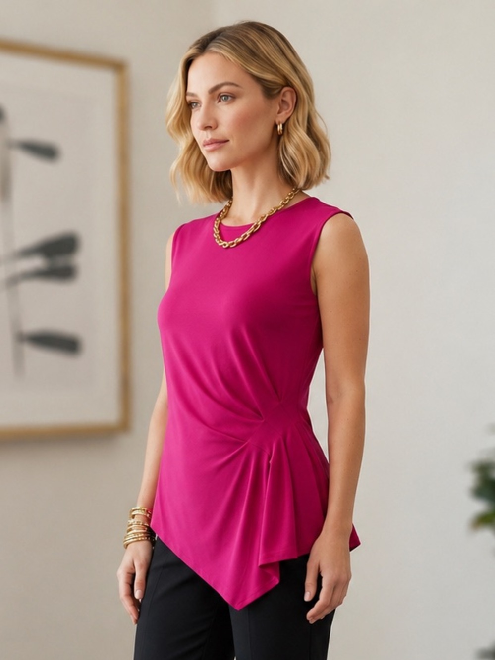 Vince Camuto Magenta Pink Asymmetric Drape Knot Sleeveless Top
